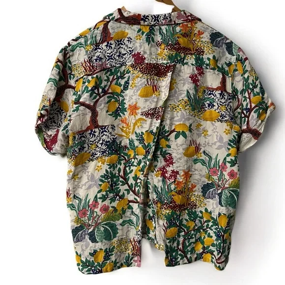 Anthropologie Linen Viscose Blend Classic Surf Shirt Top Novelty Lemon Small - Picture 5 of 8